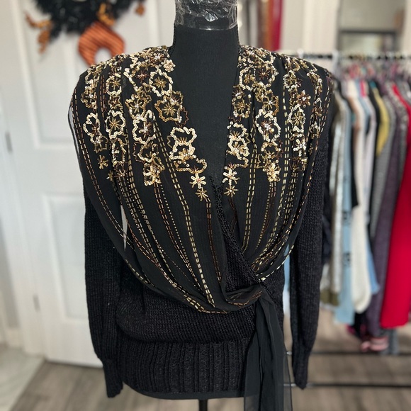 VTG Y2K Magnolia Sweater Womens Small Black Sheer Gold Sequin Avante Garde 90s - Picture 1 of 10